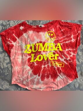 Zumba Fitness Red & White Tie-Dye Cropped Tee with Neon Yellow Logo
